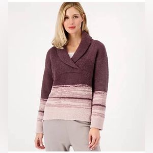 Barefoot Dreams CozyChic Shawl Collar Sweater Dk Violet Faded Rose L